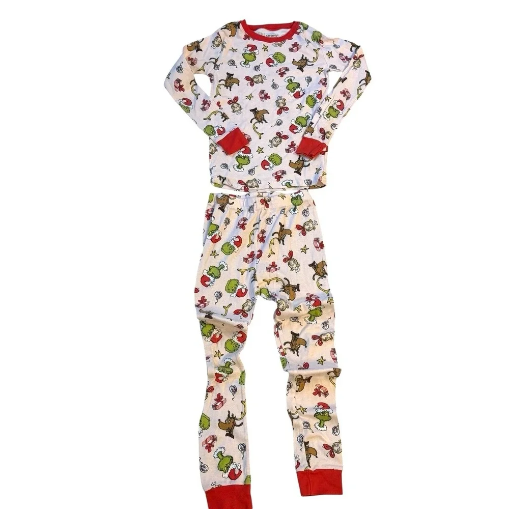 Carters The Grinch Christmas‎ Pajama Set Kids Size 10 White Cotton Holiday PJs